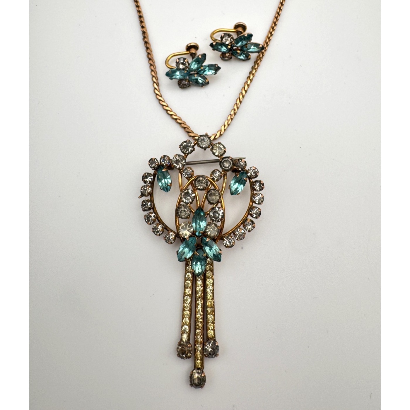 Vintage Star Art Necklace Earrings Set 12k Gold Filled Blue Rhinestone Brooch